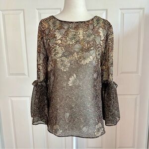 Zara Basics Sheer Brown Floral Peasant Blouse w/ CrissCross Back